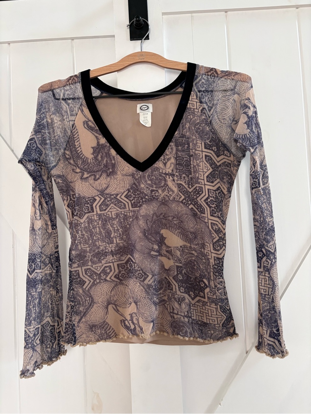 Jacquard Y2K Sheer Fairy Grunge V-Neck Top with Ruffle Hem & Cuffs